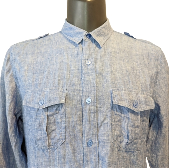 SIMONS LE31 blue linen cargo military shirt large - Picture 2 of 7